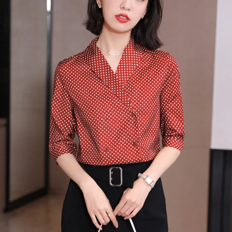 

LJSXLS Vintage French Top Mujer Summer Notched Collar Polka Dot Women's Shirt Fashion Elegant Blouse Casual Half Sleeve Tops