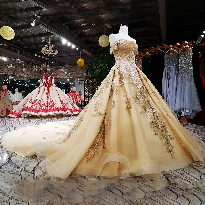 Вечернее платье LSX63454 из золотой органзы с цветами вечернее открытыми плечами и