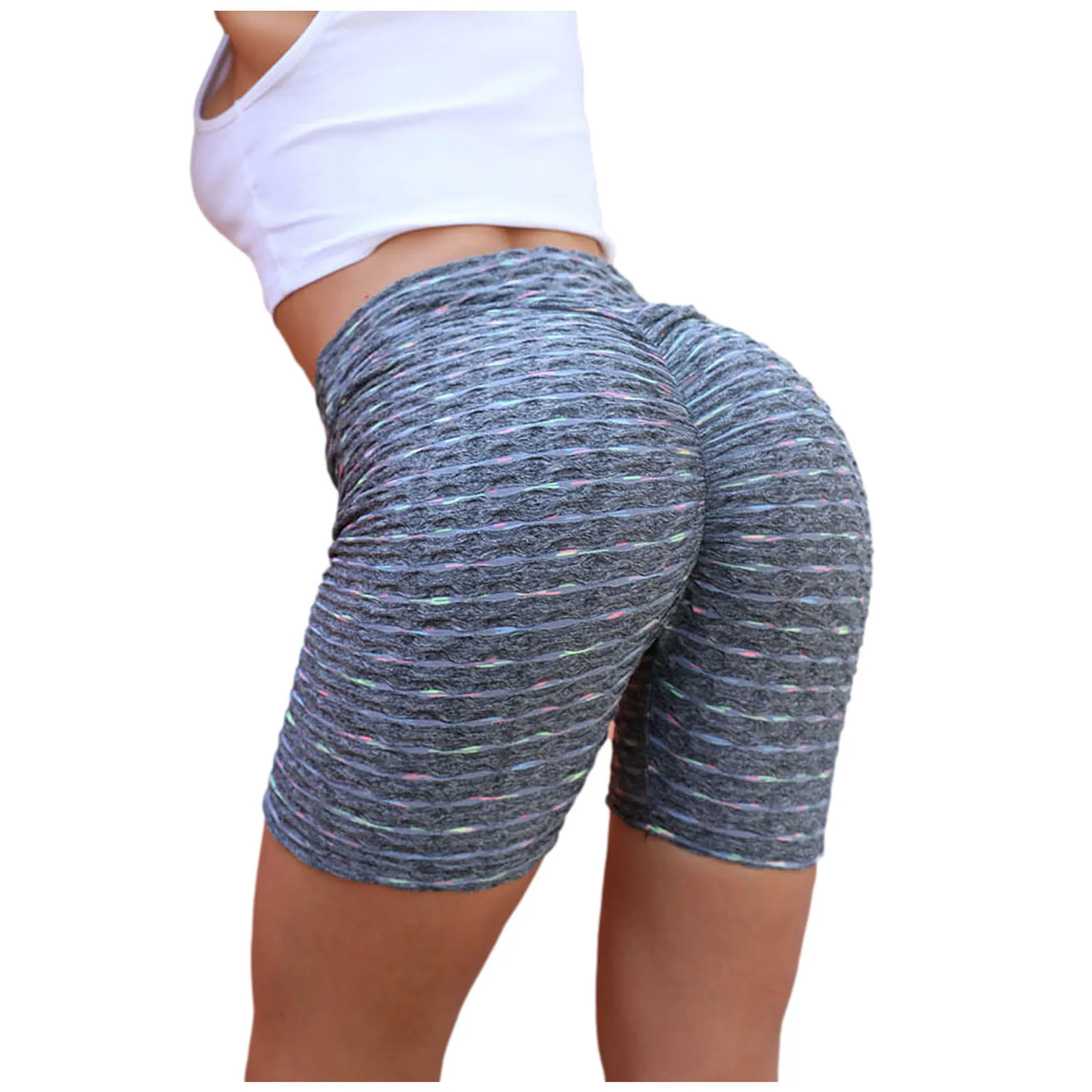 

Leggings 2021 Fashion Women Short Multicolor Stripe Tight High Waist Elasticity Sports Yoga женские футболки Leggins Long Pants