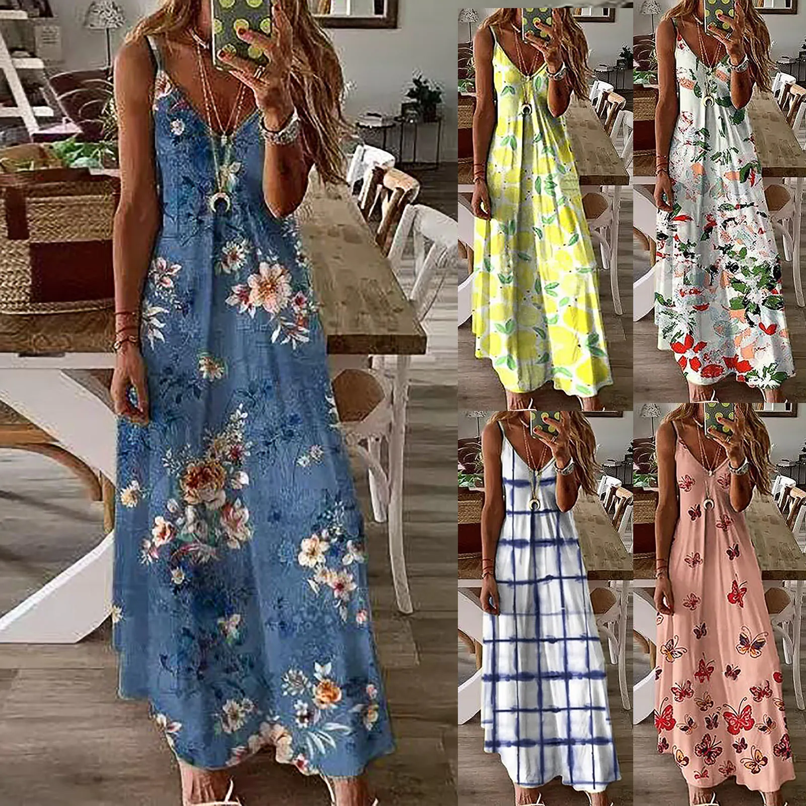 

Robe Sexy Maxi Dress Plus Size 5xl Women Summer 2020 Sleeveless V-neck Print Loose Dress Swing Backless Female Clothing 2021 A50