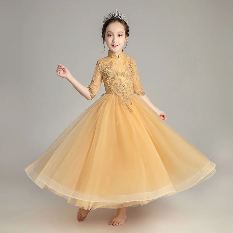 Детские кружевные платья принцессы с золотыми блестками и бусинами длинные