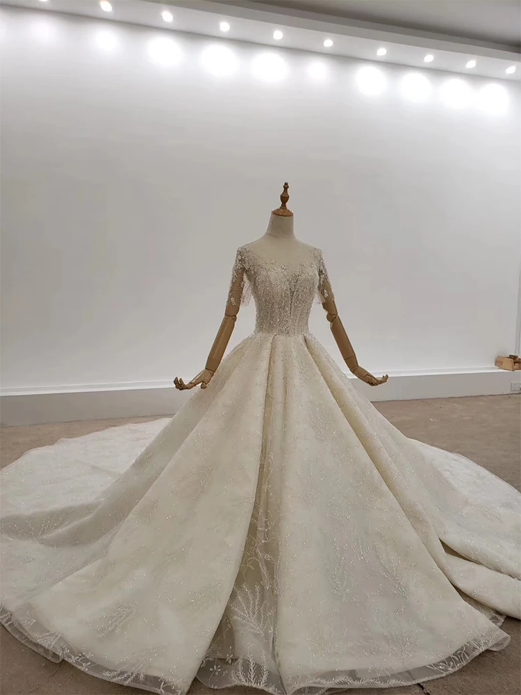 HTL1314 Train With Rhinestone Wedding Dress Bead Applique Top Ball Wedding Gowns Faek Deep V Boho Свадебное Платье