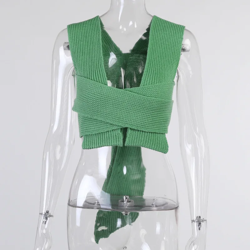 

Summer Sleeveless Knitted Crop Tops Women White Sexy Bandage Slim Tanks Top 2021 Femme Streetwear Casual Sweater Vest Tee