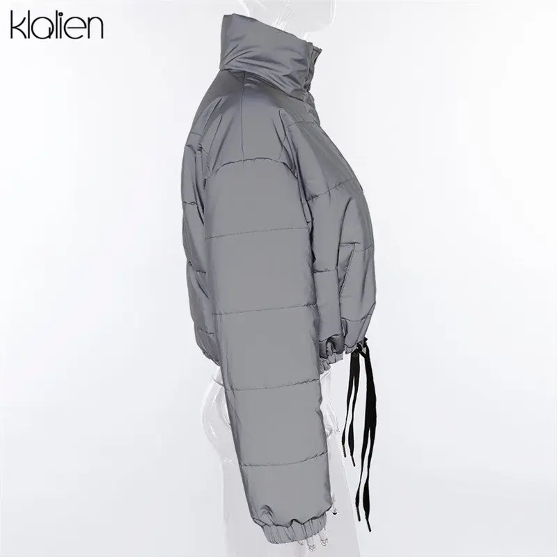 KLALIEN Зимние Модные Светоотражающие короткие Для женщин пальто куртки с высокой талией на молнии fly Карманы Женская Повседневная плотная теплая одежда