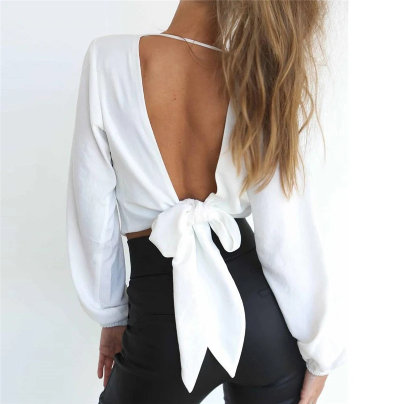 

Sexy Deep V Neck Wrap Blouses 2019 Autumn Women's Shirt long sleeve Backless Bandgae Bow Waist Tie women crop tops blusas J20