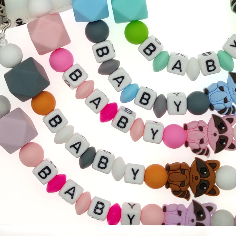 

DIY Personalised Name Silicone Baby Pacifier Clip Nipple Holder Cartoon Raccoon Teething Beads Pacifier Chain Baby Newborn Gift