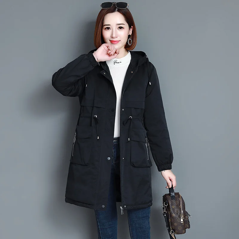 

2020 New Solid Womens Clothing Mid-Length Plus Velvet Thickened Zipper Hooded Adjustable Waist Slim Fashion Women Winter Jacket