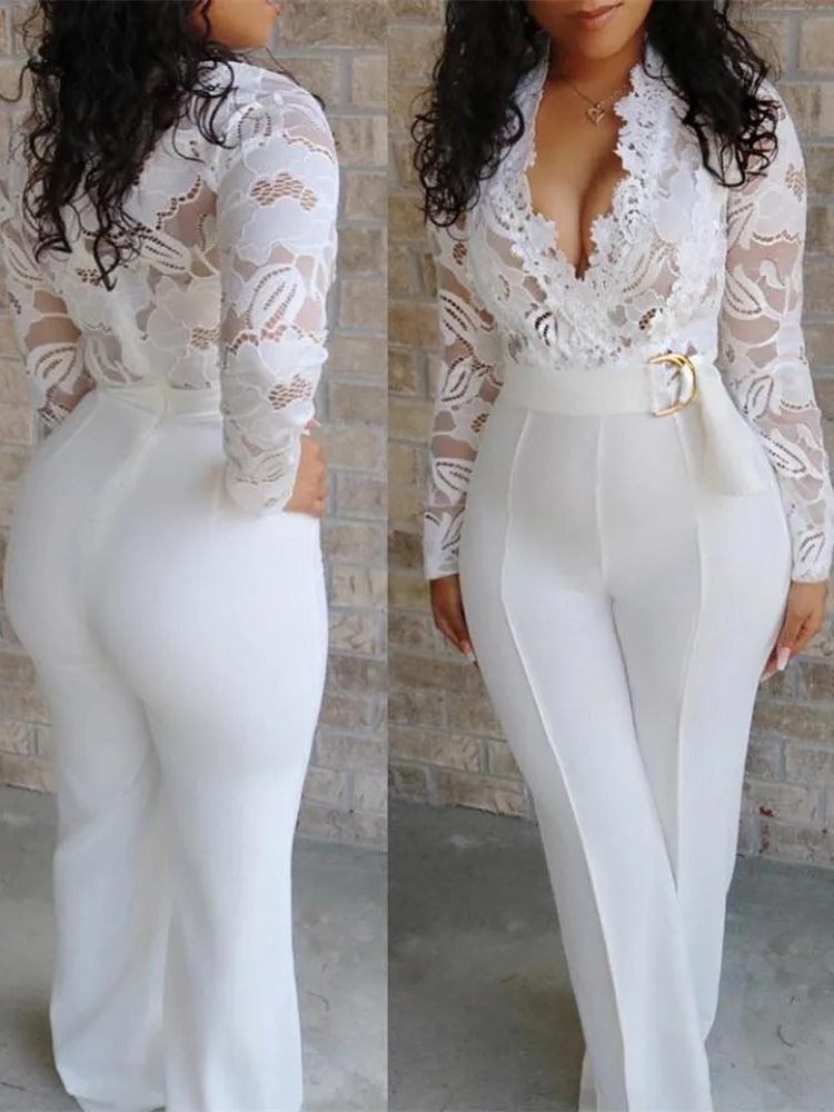 

Sexy Deep V White Lace Stitching Jumpsuit for Women Fashion Long Sleeve Elegant Ladies Slim Tops and High Waist Pants Romper