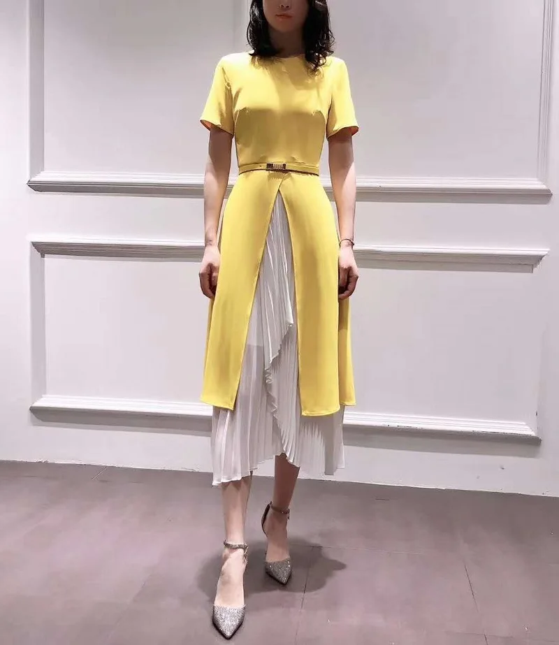 

Elegant Work Dress 2020 Summer Business Women O-Neck Color Block Patchwork Short Sleeve Mid-Calf Length Pleated Dress Office XXL