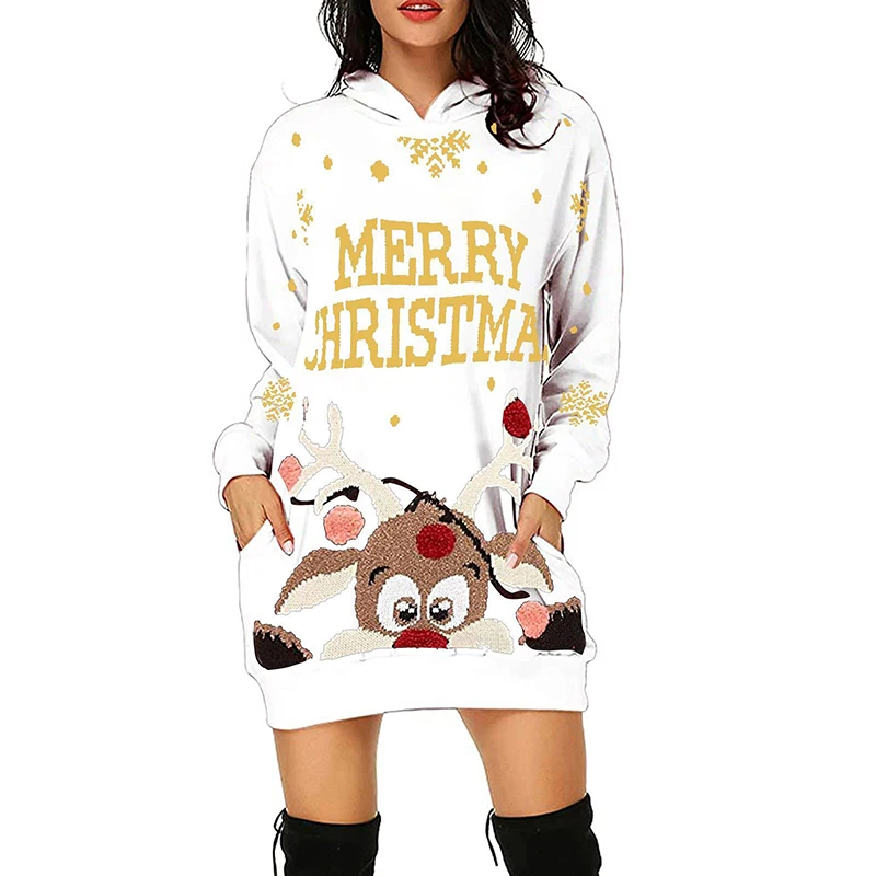 

Christmas Dress Hooded Pullover Long Tops Women Xmas Sweatshirts Hoodies Long Sleeve Dress Big Pocket Elks Print Winter Hoody