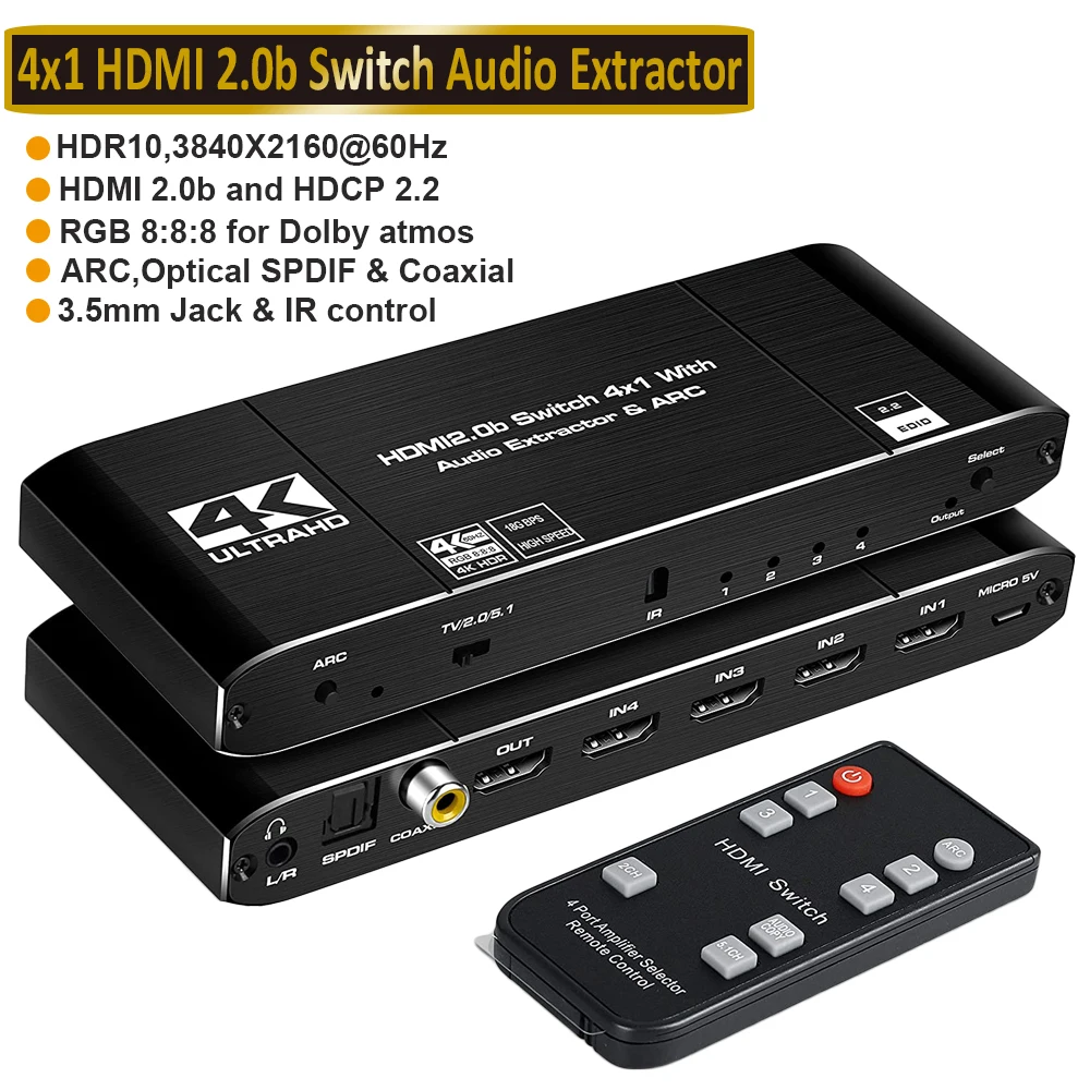 

Мини 4x1 4K HDMI переключатель аудио экстрактор с дугой и оптическим Toslink HDMI 2,0 переключатель 4K 60 Гц HDMI переключатель дистанционное управление дл...