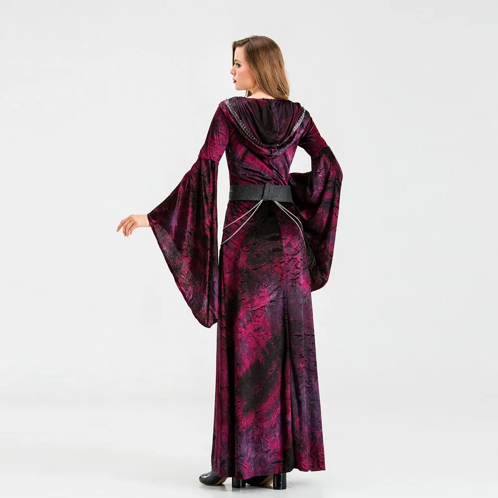 

Medieval Gothic Witch Hooded Dress Adult Halloween Costumes Scary Vampire Witch Caotume for women Masquerade Long Dress