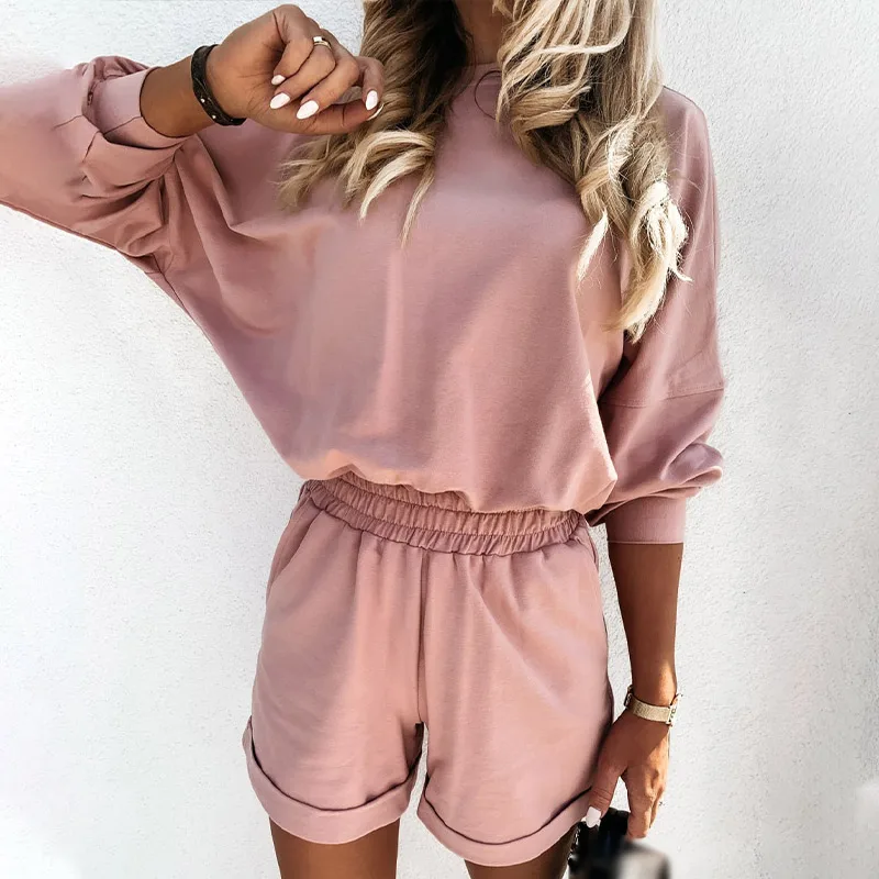 

Solid Basic Casual Women's suit O-Neck Long Sleeve Top Leg Cuffs High Waist Shorts Two Piece Set Women 2021 Summer Lady Suits