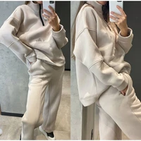 fashion sports womens autumn solid color suit high neck zipper pullover jacket casual trousers womens suit loose sweater 2 pie