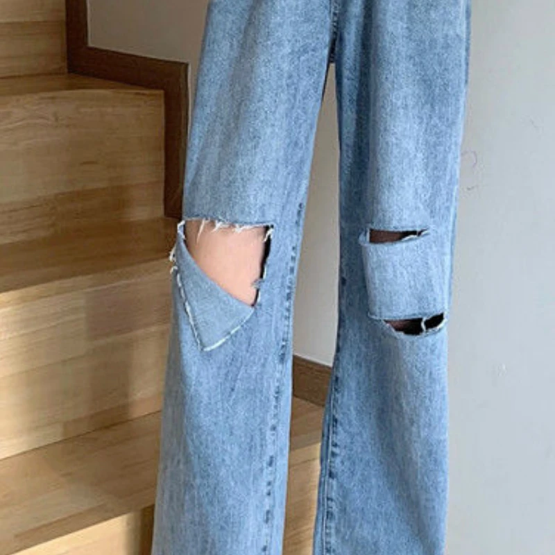 

Jeans Women Holes Ripped Washed All-match High-waist Buttons Korean Straight Loose Womens Denim Fashion Street Wear Teens Chic