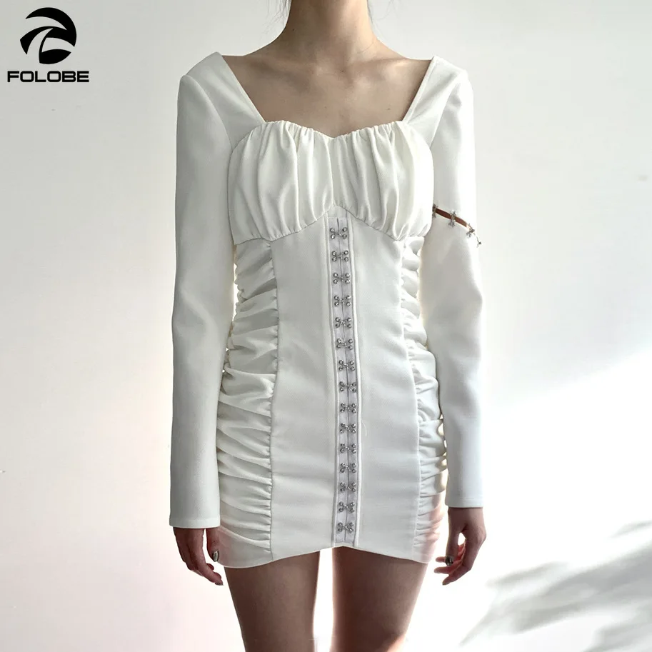 

FOLOBE 2021 Spring Mini Dresses Women Square Collar Pleated Diamond Hollow Out Long Sleeve Sheath Bodycon Sexy White Dress Lady