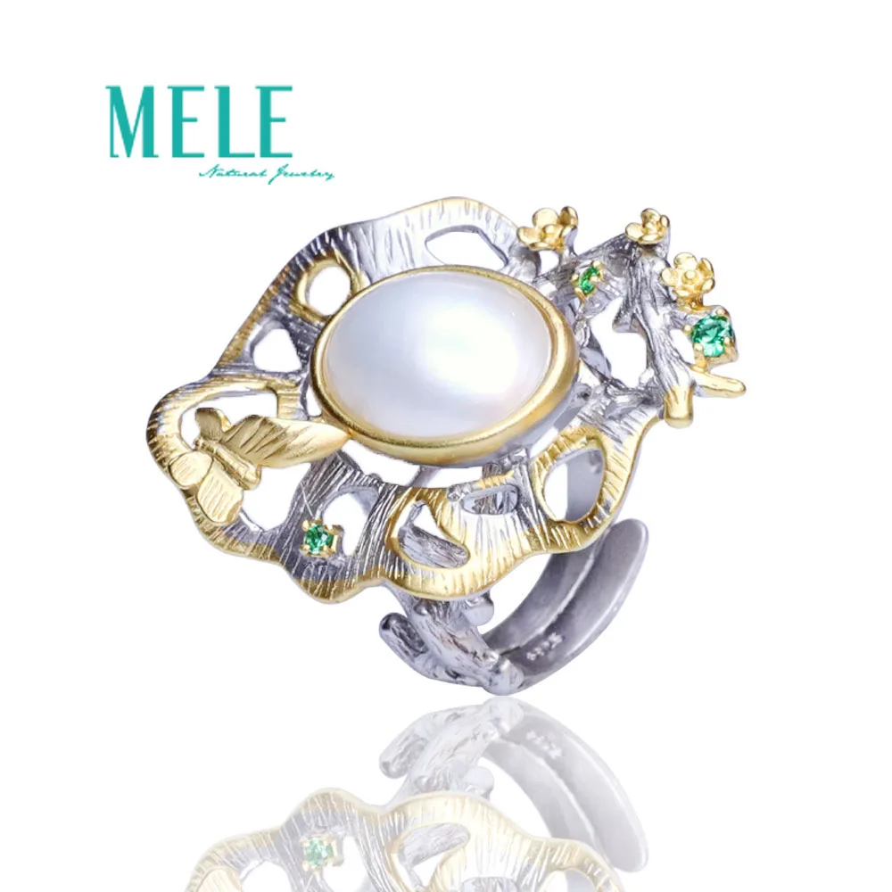 

Natural Pearl women rings Lotus leaf shape style 925 silver ring