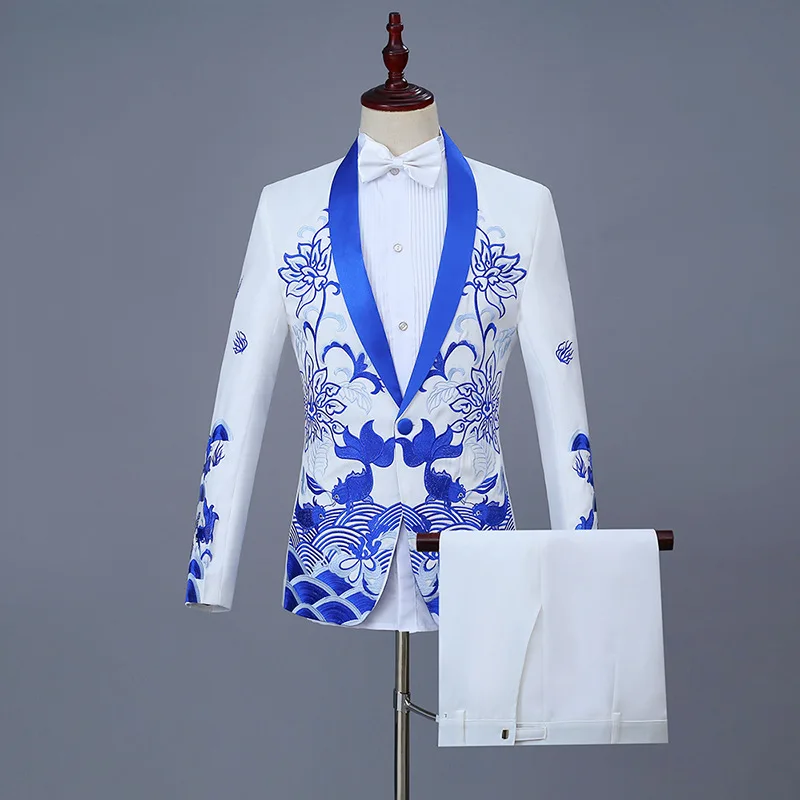 

Chinese Men's Chinese Style Suits Groom Suit Costumes Single Breasted Two Piece Set Coat Pant Blue Red Black White Men Suits