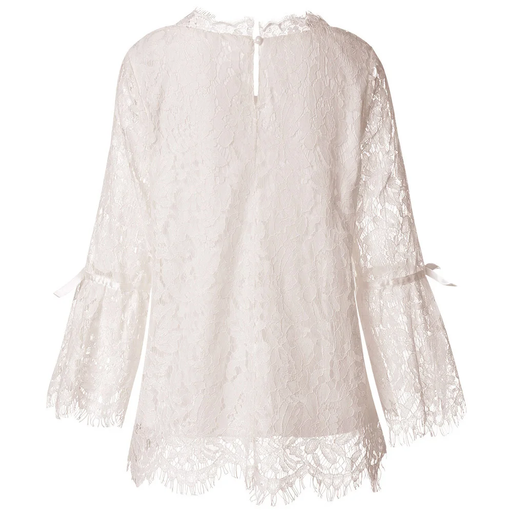 

Women Flare Sleeve Lace white t Shirt Spring Autumn Fashion Casual Loose Crewneck Bow Pure Color tops For Woman New Arrival 2021