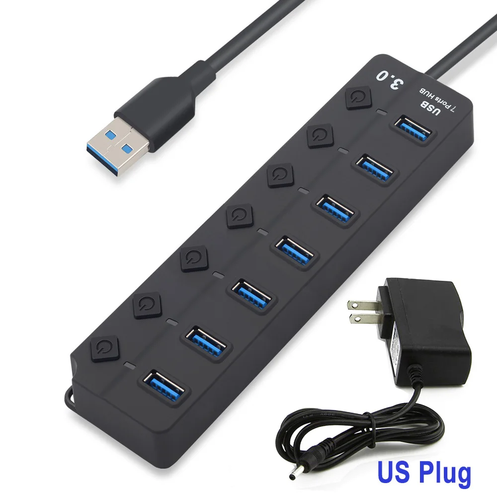 7 Port with US Plug 4/7 Порты и разъёмы USB 3,0 концентратор Разветвитель USB концентратор 3,0 с индивидуальным Мощность переключатели светодиодный индикатор ЕС и США Мощность адаптер для ноутбука MacBook - Цвет: 7 Port with US Plug
