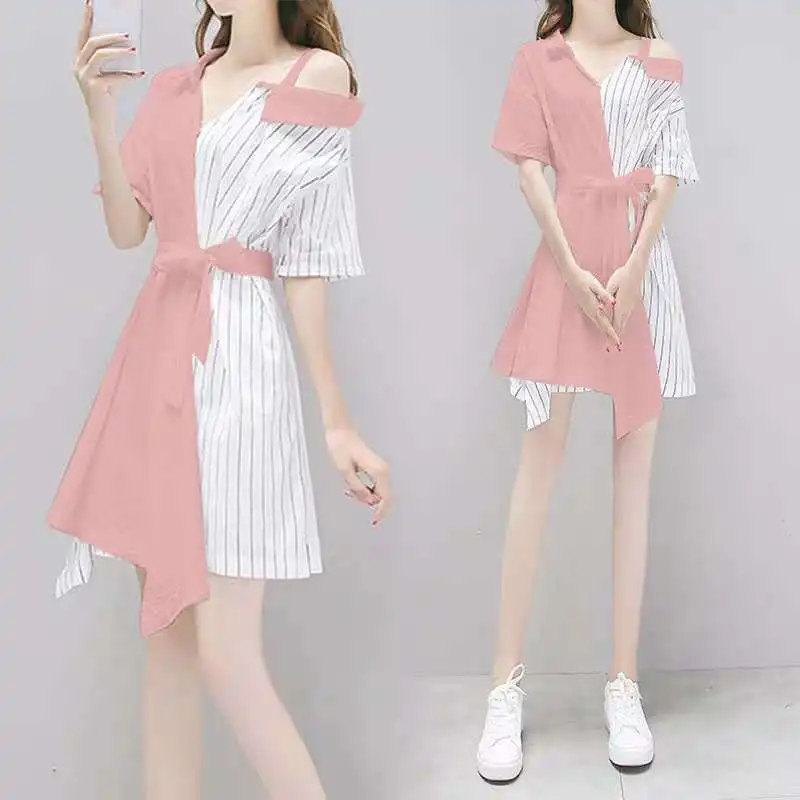 

Long Sleeves Short Sleeves Two A Word Shoulder Stitching Shirt Wind Halter Dress New Temperament Small Women's Summer Dress