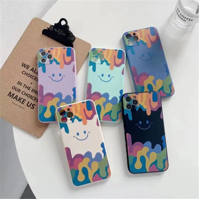 Rainbow Cute Smiley Pattern Square Phone Case For iPhone 12 11 13 Pro MAX Mini XS X XR 7 8 Plus SE2 Liquid Silicone Soft Cover