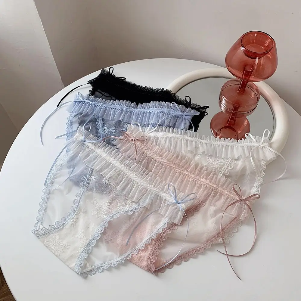 

Fairy Lolita Mesh Sexy Lace Bow Panties Women's Mid-waist Sweet and Cute Breathable Cotton Crotch Girl Briefs