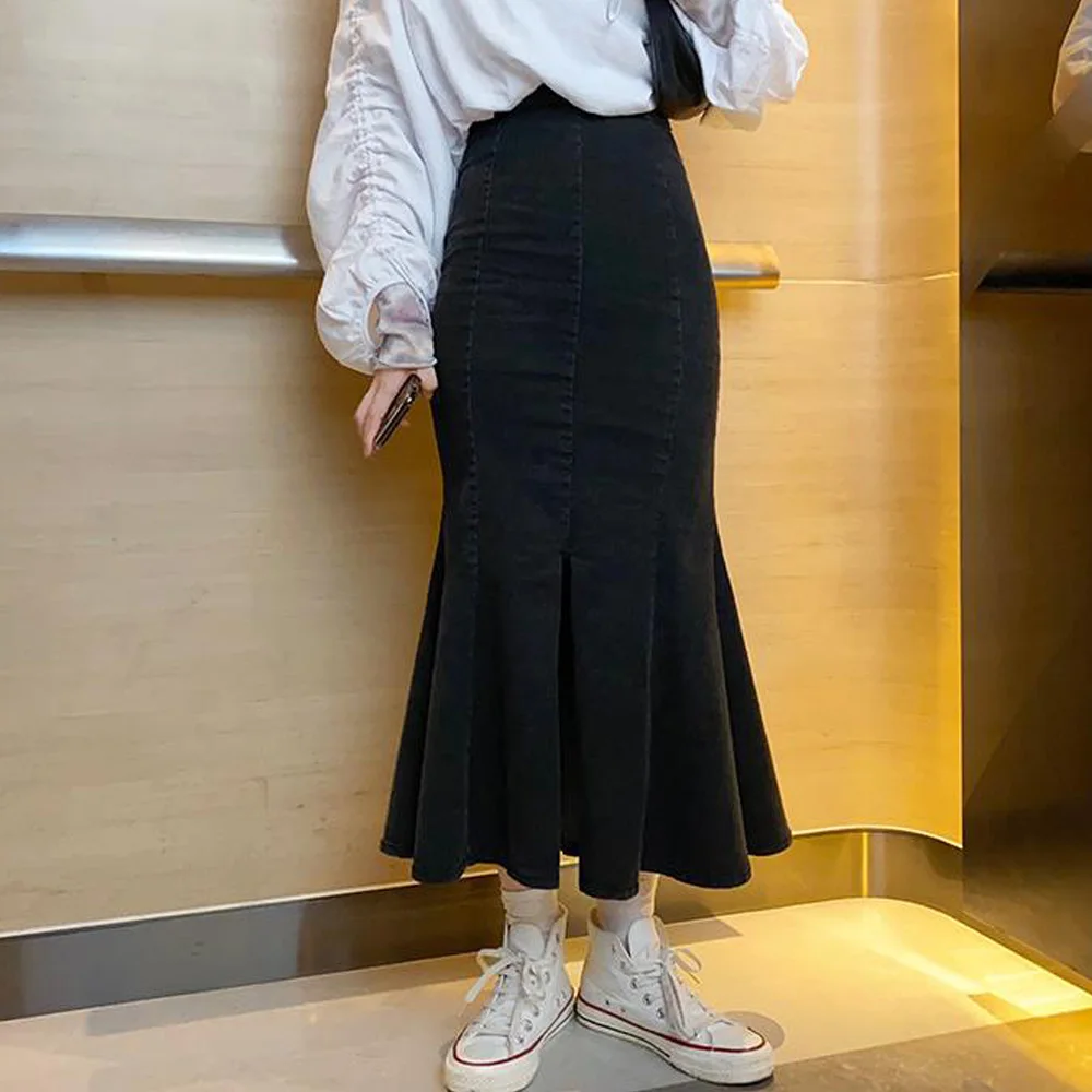 

2021 Spring Autumn High Waist Long Skirts For Women Black Elegant Ruffles Split Mermaid Skirt Female Vintage Faldas Mujer