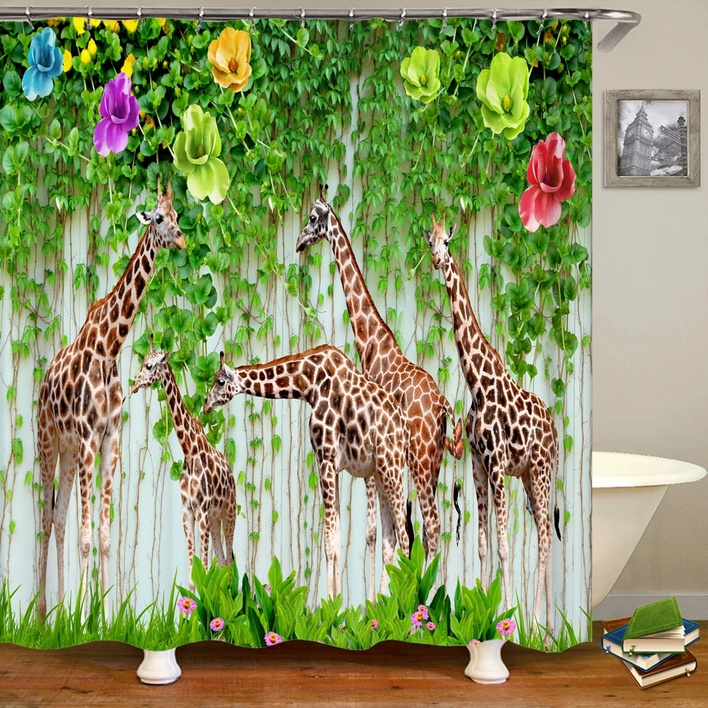 

High Quality Forest Giraffe Animal Shower Curtain Waterproof Fabric Natural Scenery Bath Curtains for Bathroom Decor with Hooks