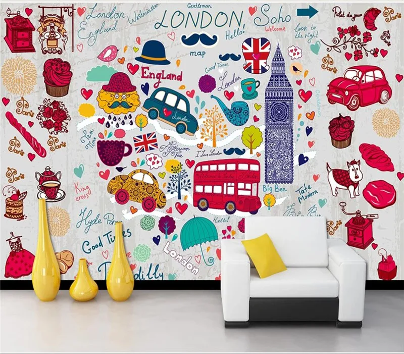 

Large custom mural wallpaper, London, UK style, romantic, cute, cartoon background, wall painting, waterproof material