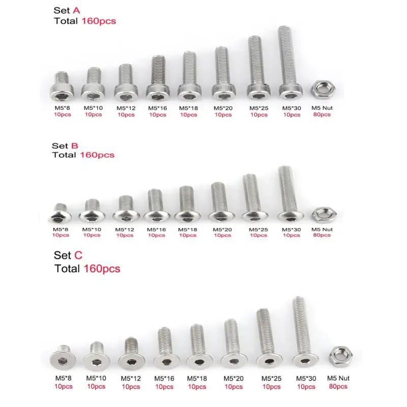 

160 шт./компл. M5 * 8 болты и гайки из нержавеющей стали, шестигранный винт, шестигранная гайка, набор в ассортименте, крепежная фурнитура, крышка...