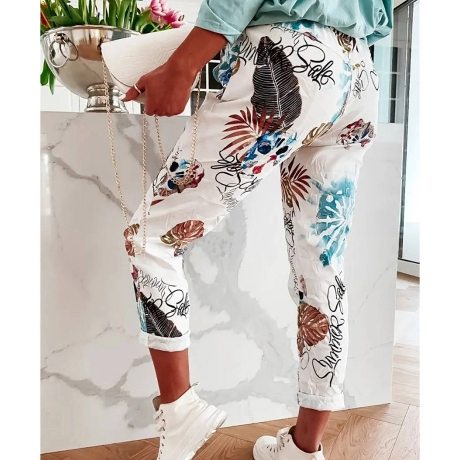 

40# Spring Floral Print Women Pencil Pants Pocket Elastic Waist Trousers Casual Slim Women Pants Drawstring Streetwear Pants