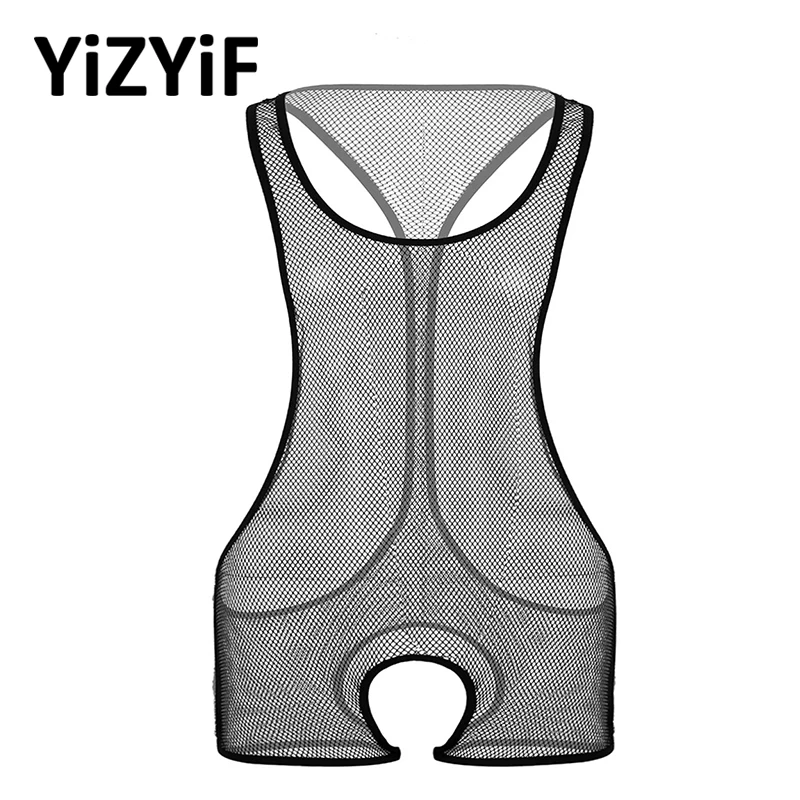 

Sexy Bodysuit Men See Through Sheer Fishnet One-piece Bodysuit Lingerie Sleeveless Scoop Neck Crotchless Jumpsuit Sexy Clubwear