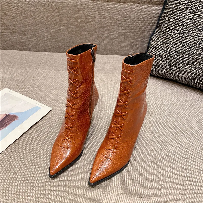 

2022 New Ladies Ankle Boots Fashion Luxury Crocodile Pattern High-heeled Womens Boots Spring Autumn All-match Pointed High Heels