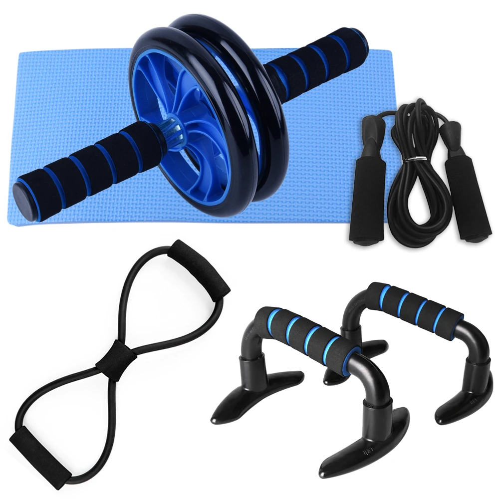 

5 PCS Fitness Set Home Gym Abdominal Roller Wheel 8 Shape Resistance Band Jump Rope Push up Stands Pack Kit Integrated Exercise