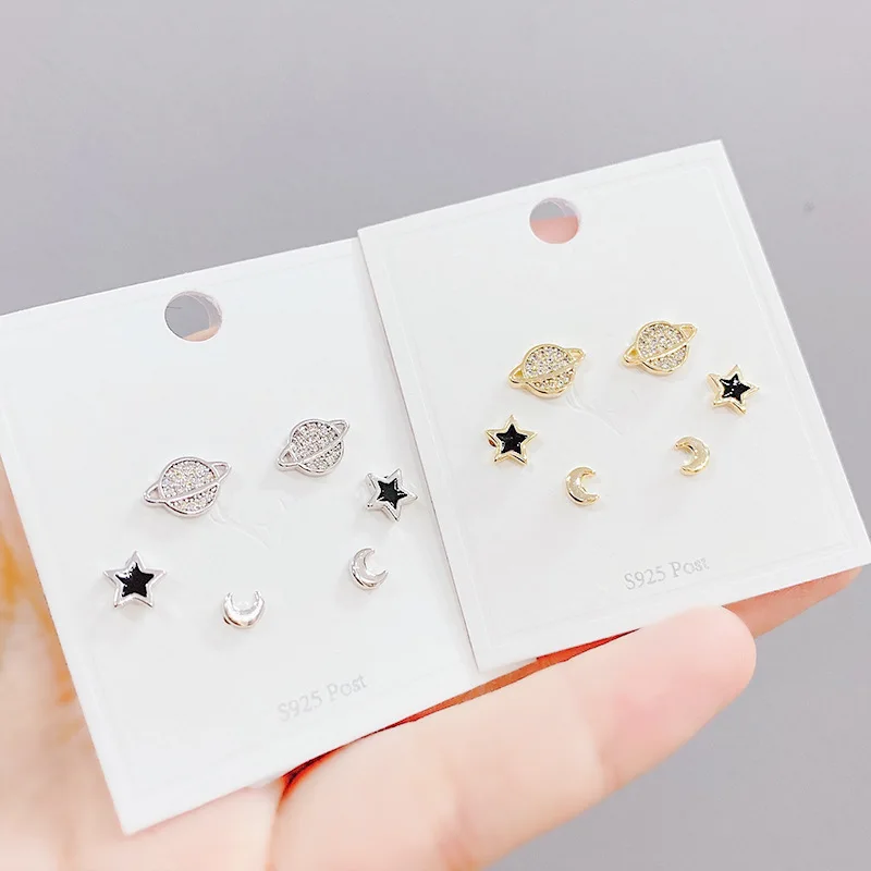 

S925 Silver Needle Micro-Inlaid Zircon Planet 3 Pcs/set Stud Earrings Small Personalized Combination Earrings Jewelry for Women