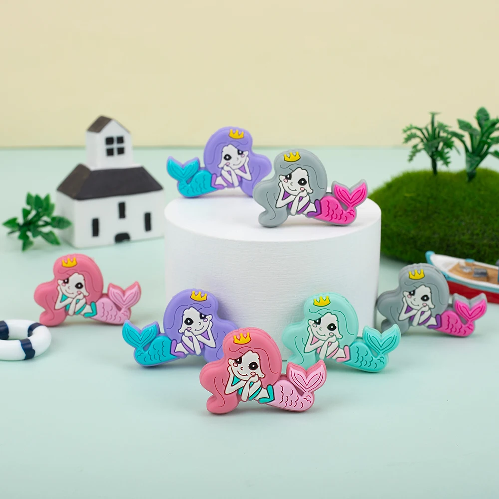 

Sunrony 10Pcs Mermaid Silicone Animal Beads Baby Teeth Care Teething Ring Nipple Chain Accessories Food Grade BPA Free