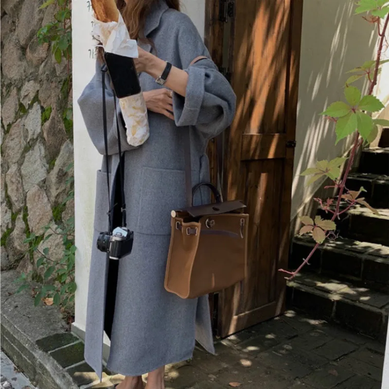 

Women Winter Camel Color Vintage Loose Super Long Wool Coat Jacket Split Hem Woolen Overcoat with Belt Outerwear Cardigan