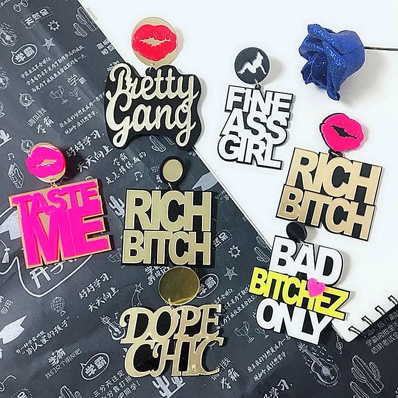 New Trendy Acrylic Gold Color RICH BITCH Letter Big Earrings For Women Pendant Hip-Hop Sexy Red Lip Drop Earrings Brinco Jewelry