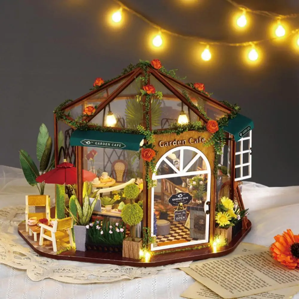 

DIY Hut Flower Room Coffee Handmade Assembled Model Store Creative Voice Miniature Cake Toy Wooden Control Handmake Puzzle T2N6