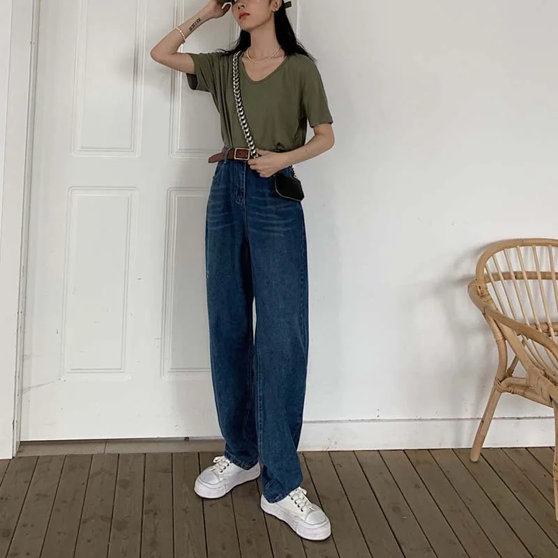 

New women's Blue Straight Jeans Korean casual plus size loose jeans spring and autumn Retro High Waist youth jeans Jeans Push Up