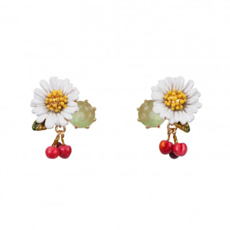 

Fashion Enamel Glaze Fresh Daisy Zircon Cherry 925 Silver Needle Earrings European and American Style Women's Earrings Jewelry