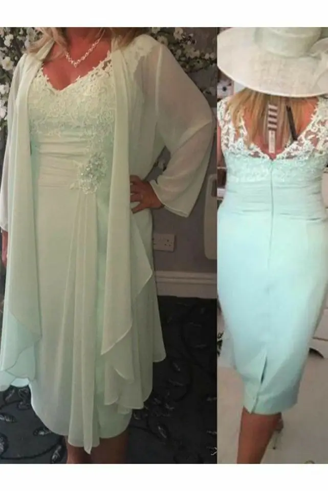 

Элегантное Длинное кружевное платье для матери невесты с V-образным вырезом, голубое шифоновое платье до середины икры для свадебной вечери...