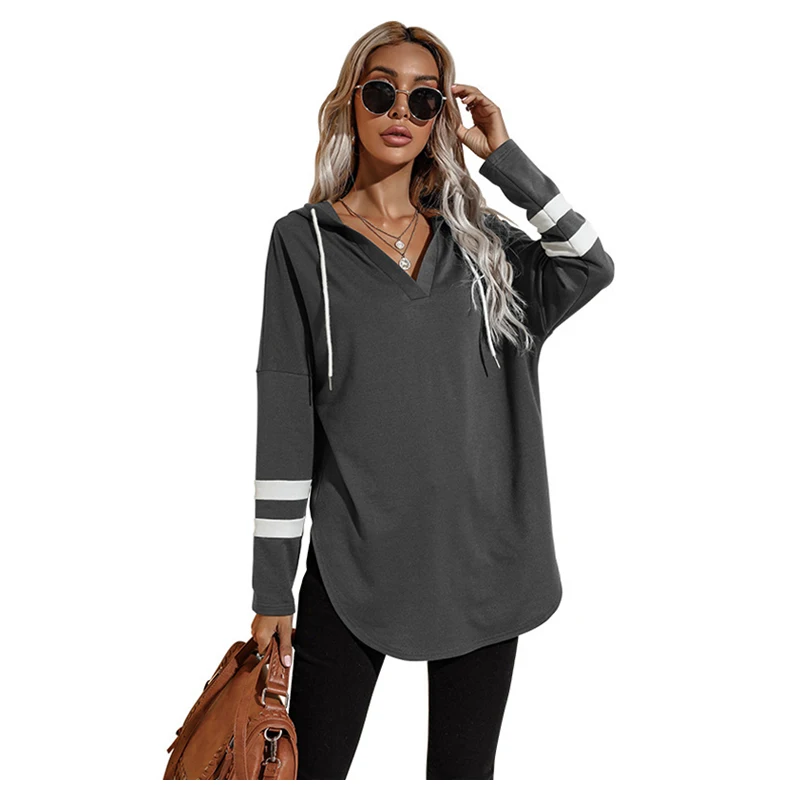 

Women's Clothing Tops & Tees T-shirts New Mid-length Thin Loose Top Hooded Hand Sleeve Stripe Design Sweater Female T-shirt