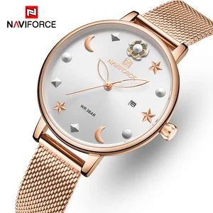 Женские кварцевые часы NAVIFORCE, водонепроницаемые наручные часы из нержавеющей стали цвета розового золота для девушек