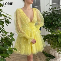 lorie yellow prom dresses 2021 a line v neck short party gown long sleeves robes de cocktail dress for teens graduation gown