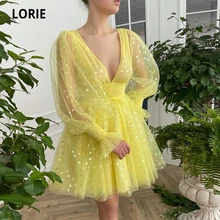 LORIE – robe de bal jaune, ligne a, col en V, courte, manches longues, robe de cocktail pour adolescents, robe de remise de diplôme, 2021  (3)