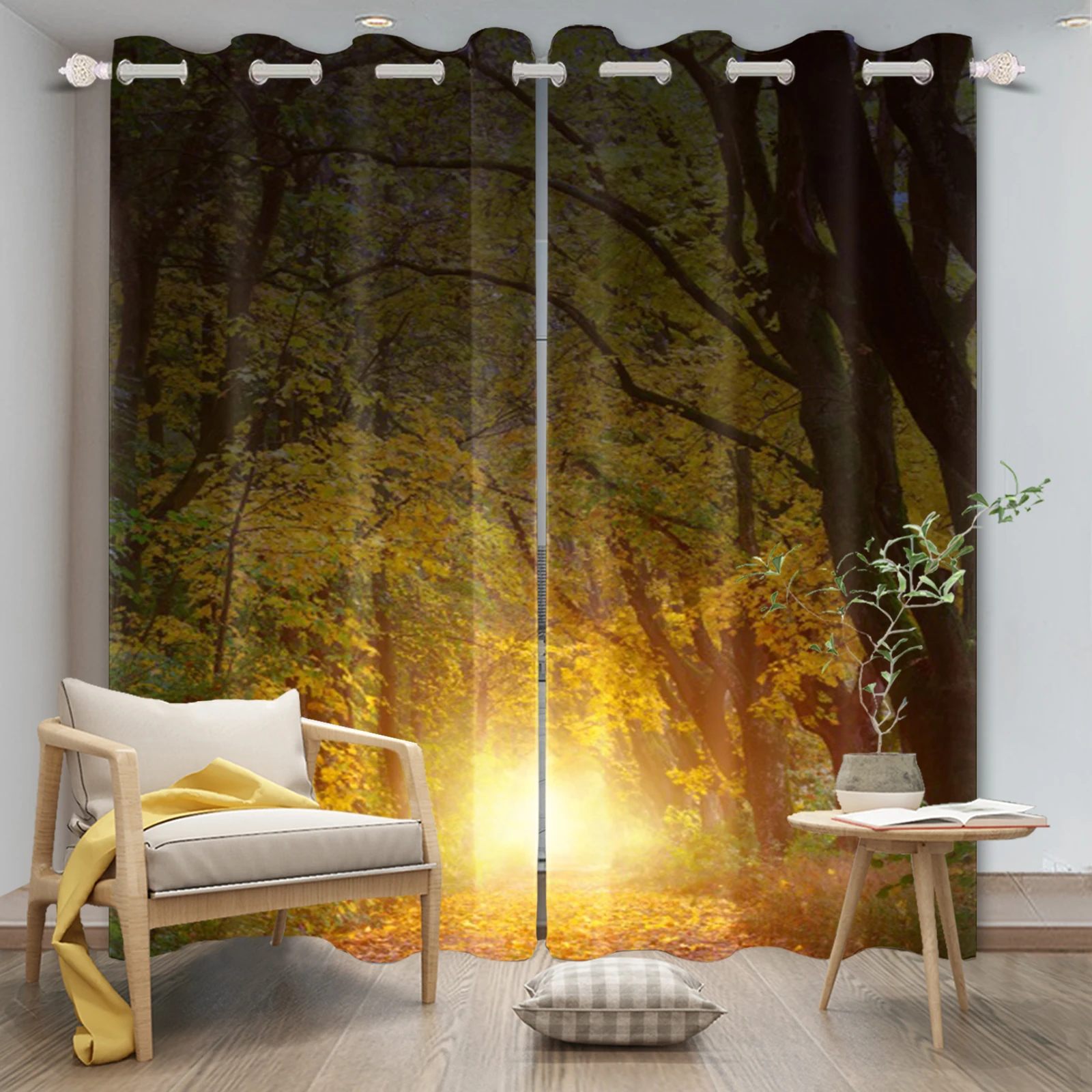 

Green Forest Path Printed Curtains Modern Autumn Natural Scenery Living Room Bedroom Perforated Blackout Drapes Polyester