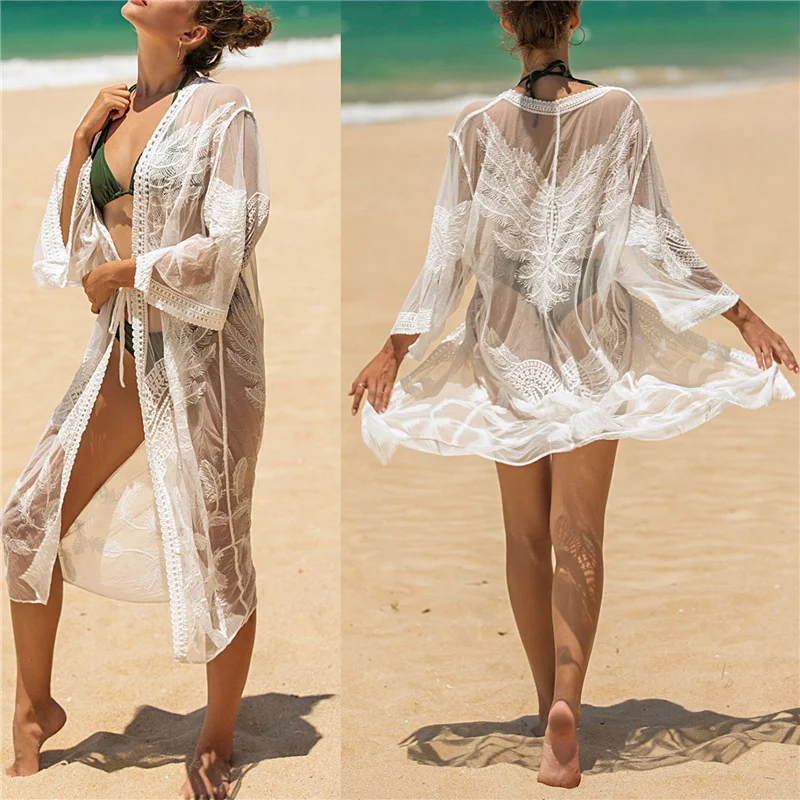 

2021 Women Lace Cover-up Adults Sexy See-through Belted Three-quarter Sleeve V-neck Cardigan Vacation Dresses Beach Wear