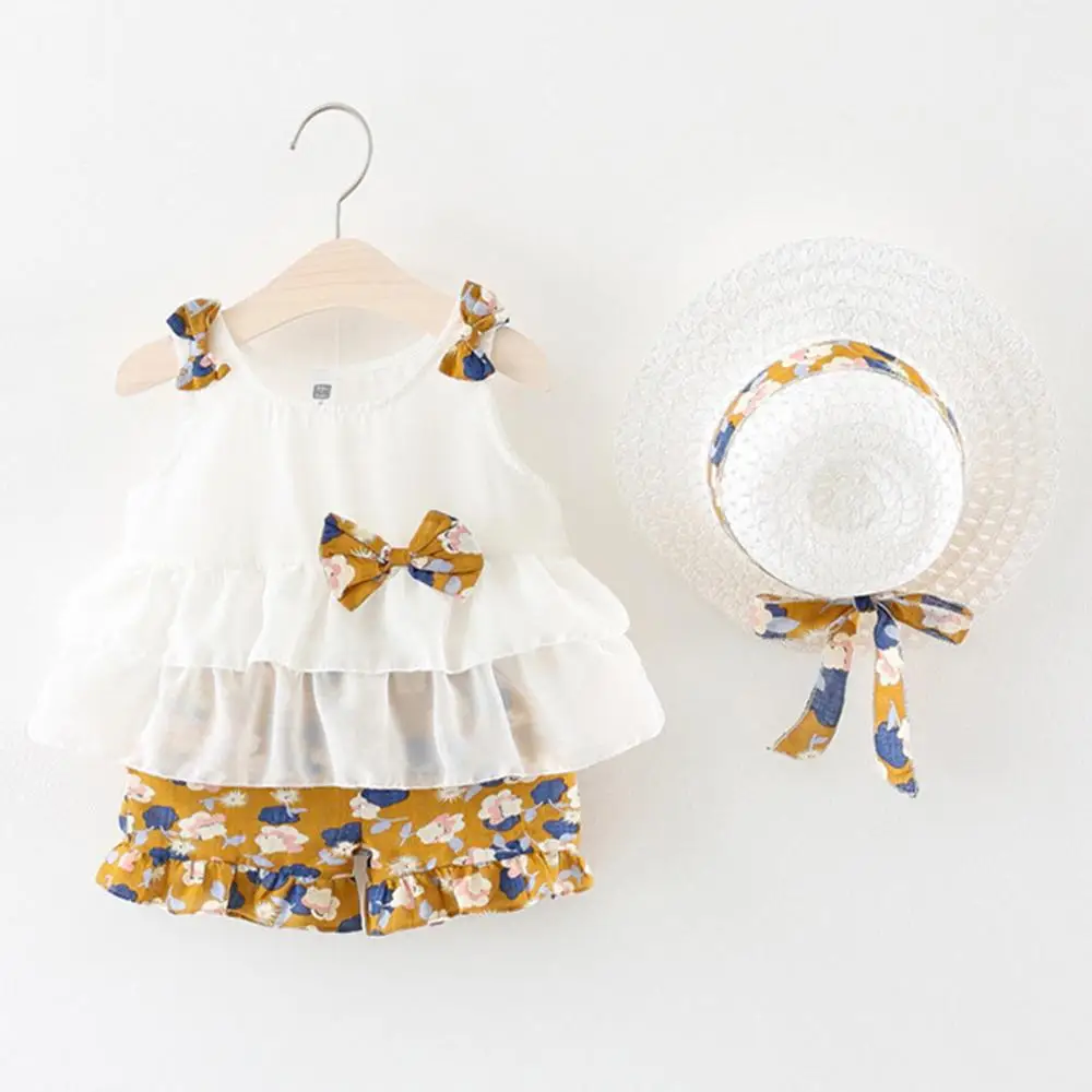 

Baby Girls Clothes Sets Infant Baby Girls Sleeveless Bow Ruffles Tops Floral Print Shorts + Hat Outfits Newborn Clothing A0170